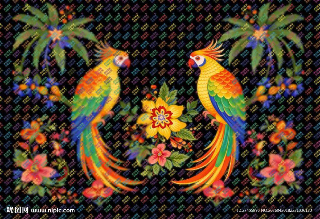 双彩鹦鹉花卉图案设计