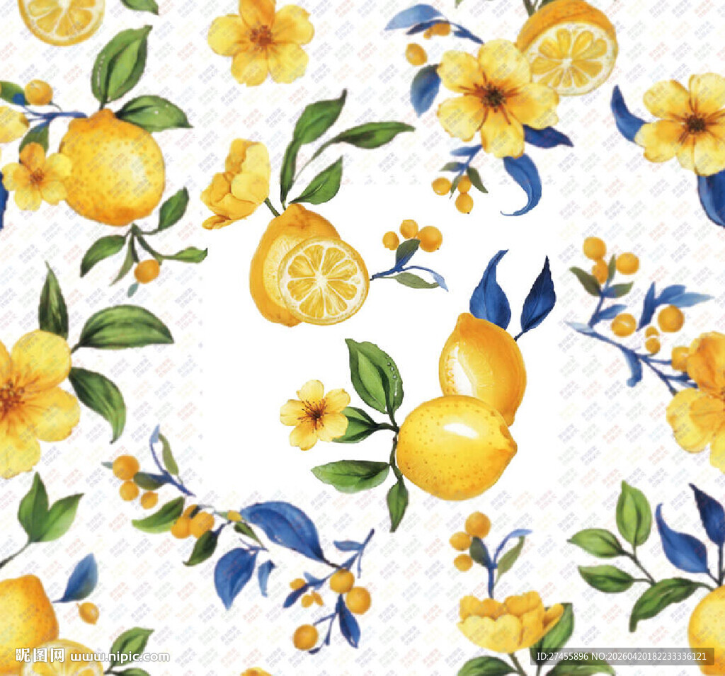 柠檬花卉图案无缝背景图