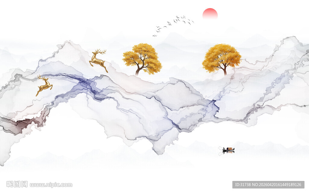 抽象水墨线条烟雾山水电视背景墙