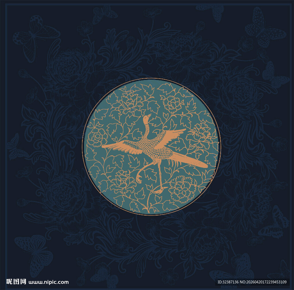 金色飞鸟圆形图案设计元素