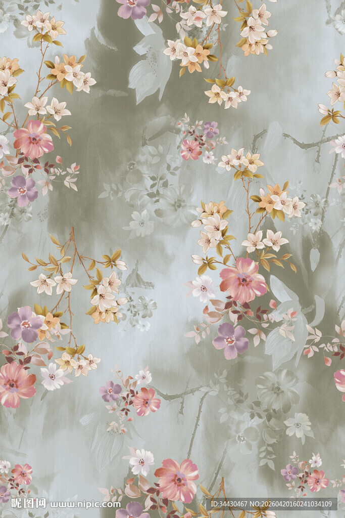 浅灰底缤纷花卉图案