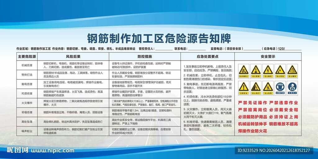 钢筋制作加工区危险源告知牌