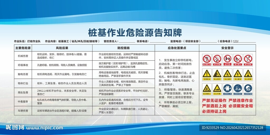 桩基作业危险源告知牌