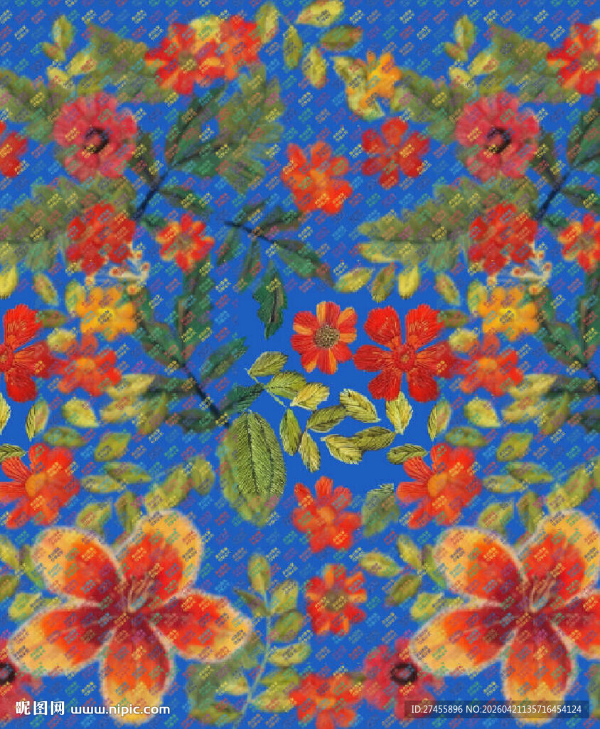 蓝色底绚丽花卉刺绣图案