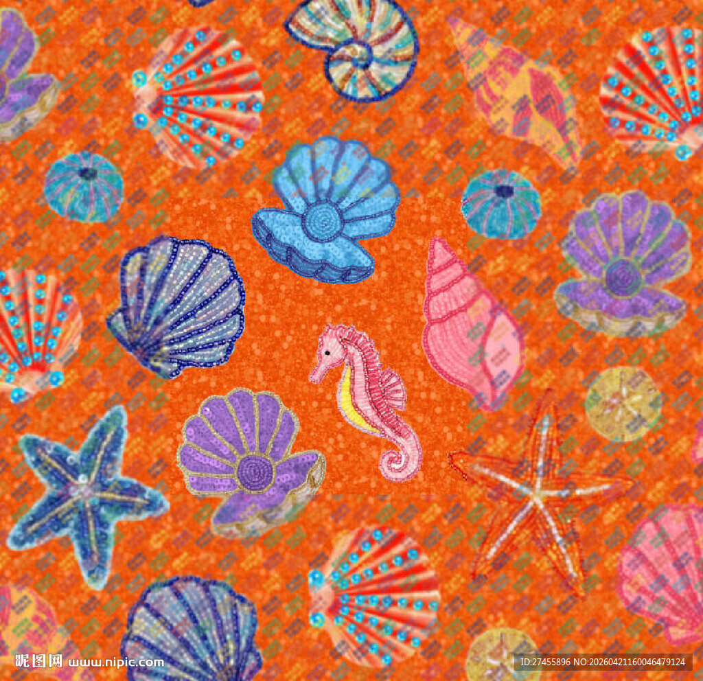 橙色背景多彩海洋元素图案