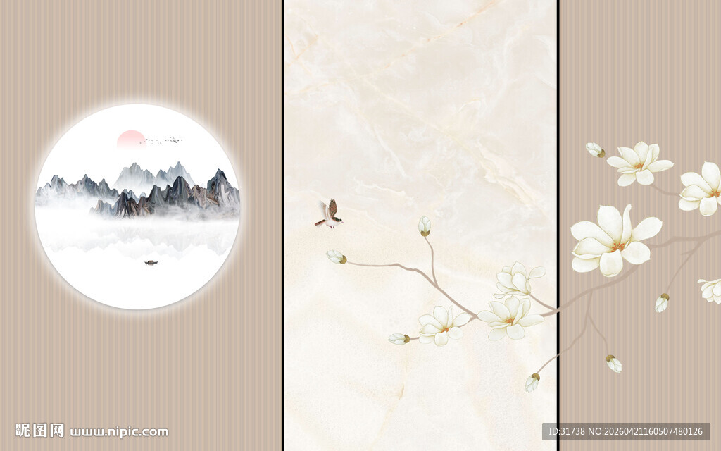 新中式格栅山水画大理石背景墙