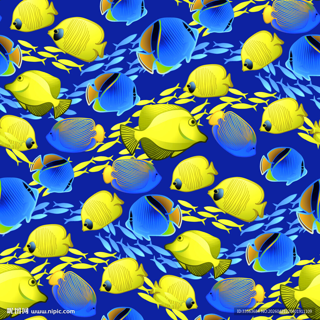 蓝色背景上的黄色鱼群图案