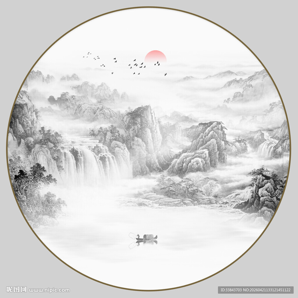圆形意境水墨山水画