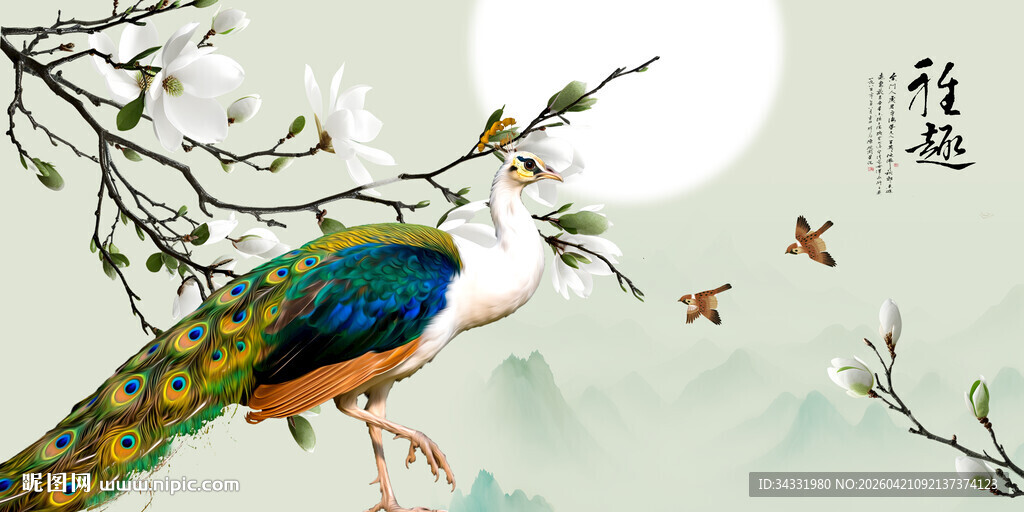 中式玄关孔雀玉兰花壁画