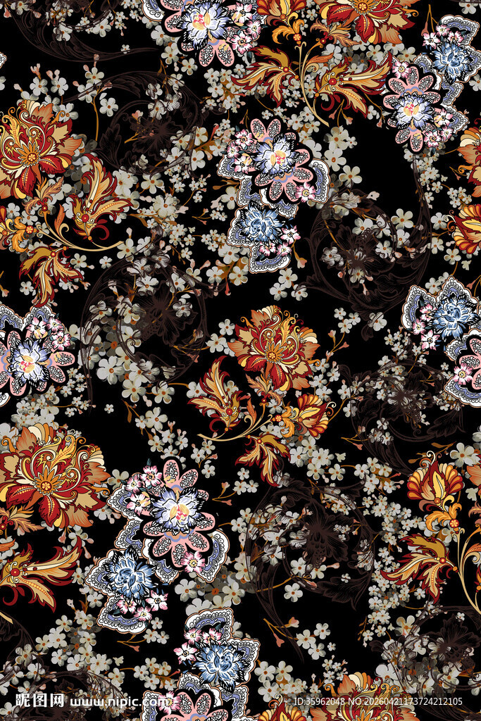花卉图案黑色背景布料