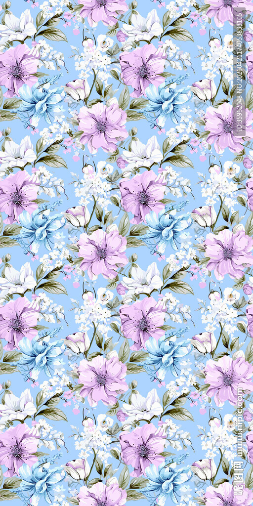 蓝底粉白花卉精美图案