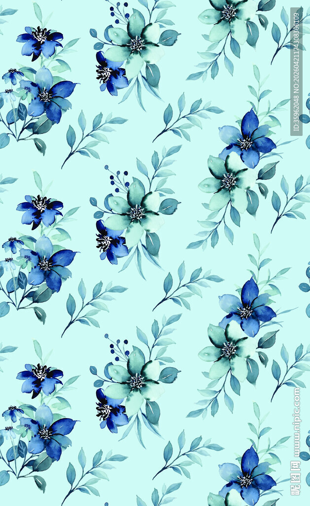 蓝花绿叶清新花卉图案