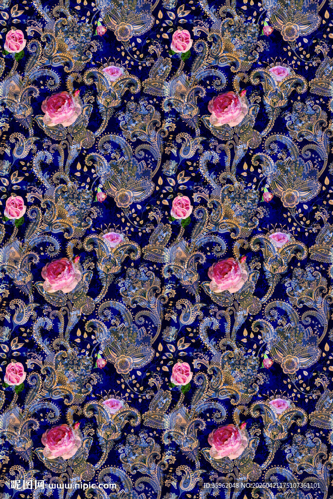 深蓝色花卉图案布料