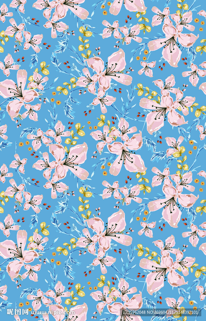 蓝色底粉色花朵图案背景