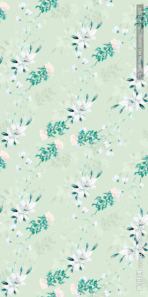 清新浅绿色花卉图案布料