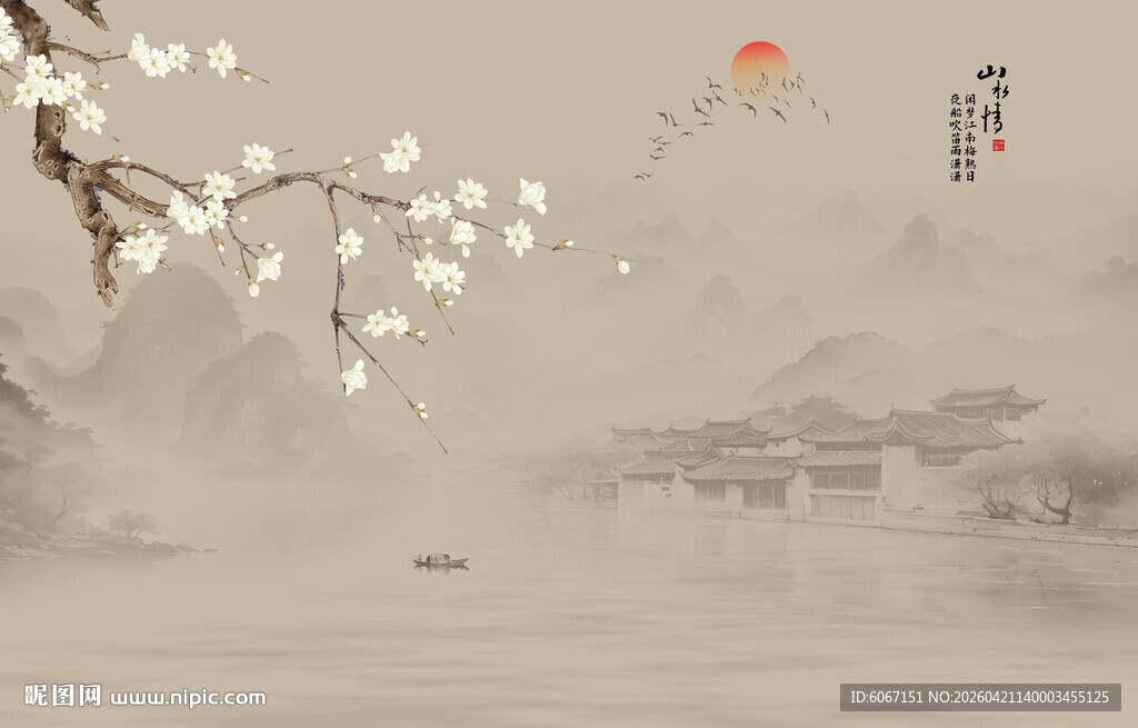 新中式古风工笔花鸟画背景墙