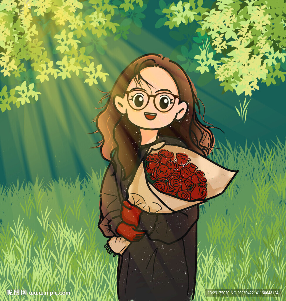 手抱鲜花女生手绘漫画