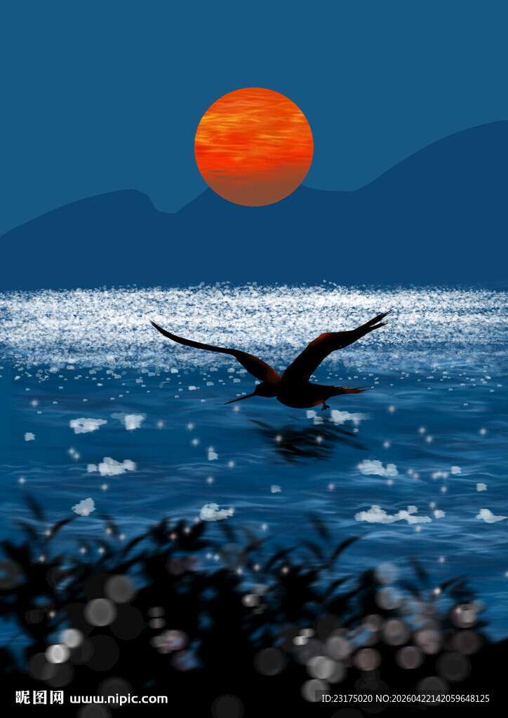 意境夕阳飞鸟海上风景手绘