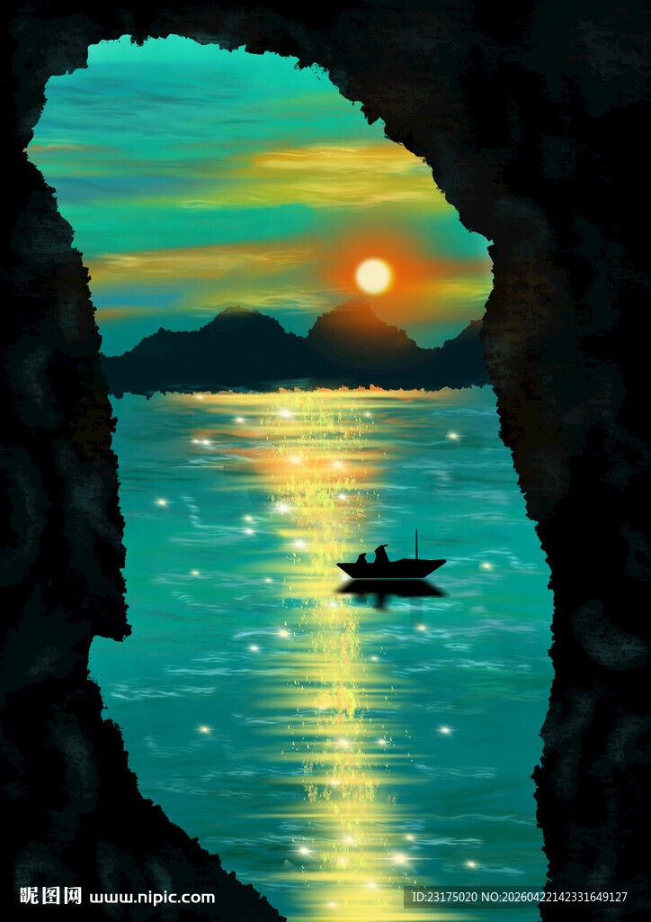 山洞意境海上船只手绘