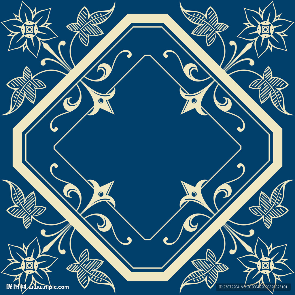 复古蓝色几何花卉装饰图案