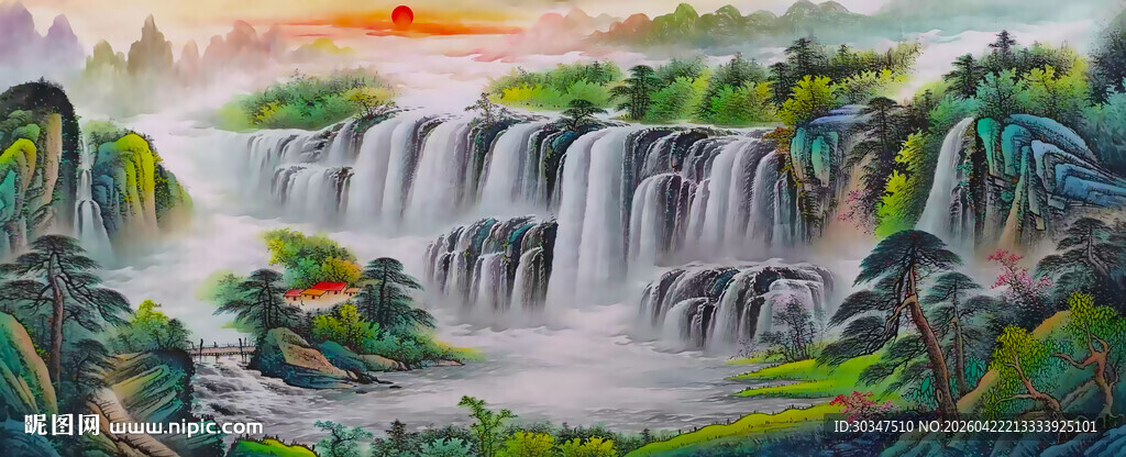 国画流水生财瀑布背景墙