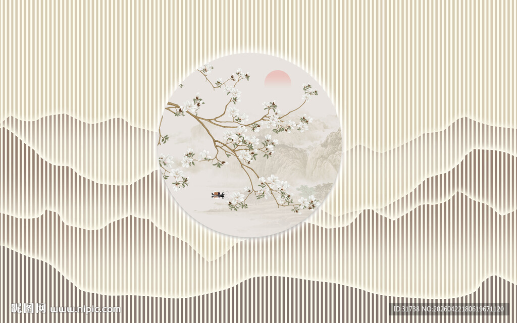 新中式格栅山水画壁画