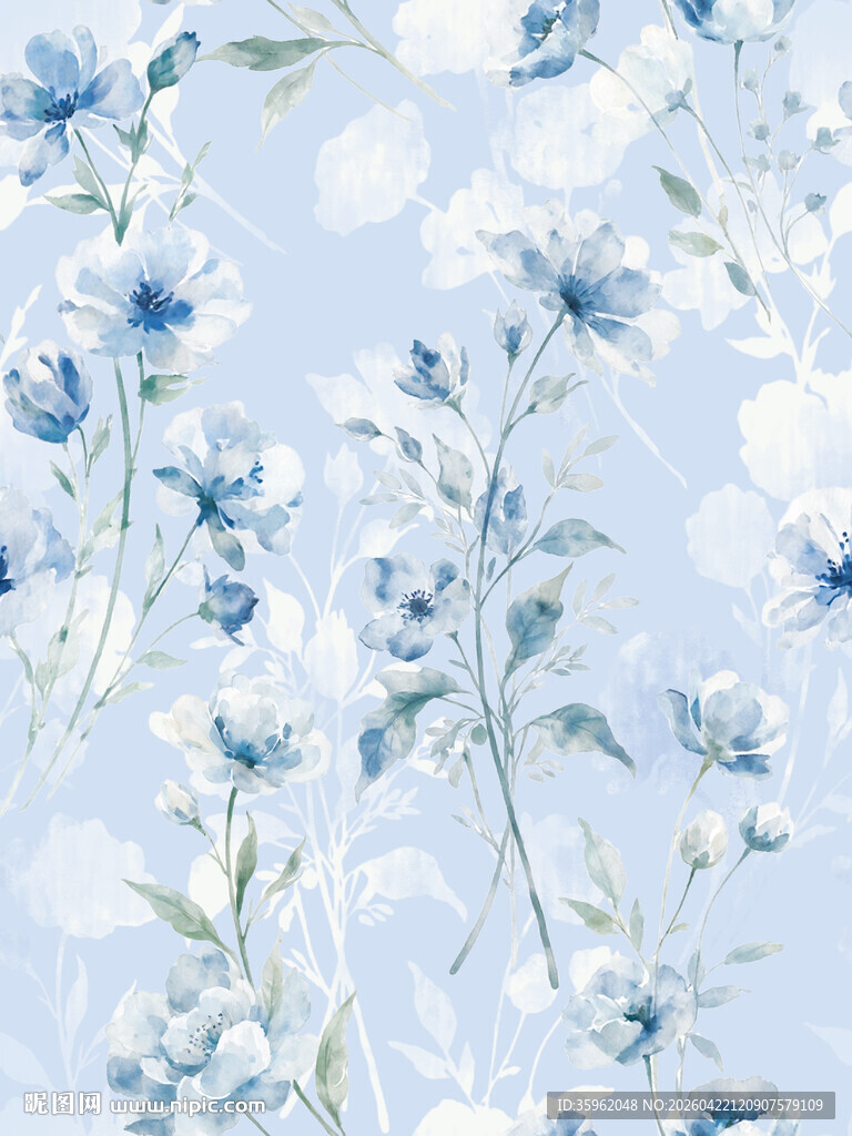蓝白花卉清新图案背景