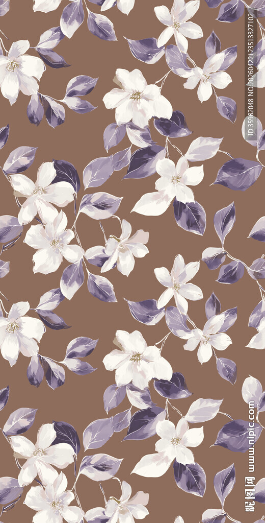 棕色底紫色白色花卉图案