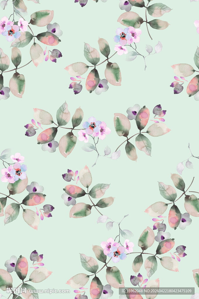 淡绿色底水彩花卉图案