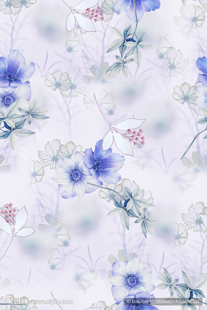 蓝白花卉水彩图案背景