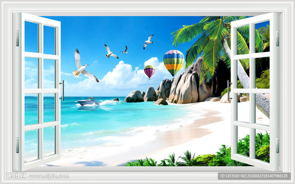 海滩窗画