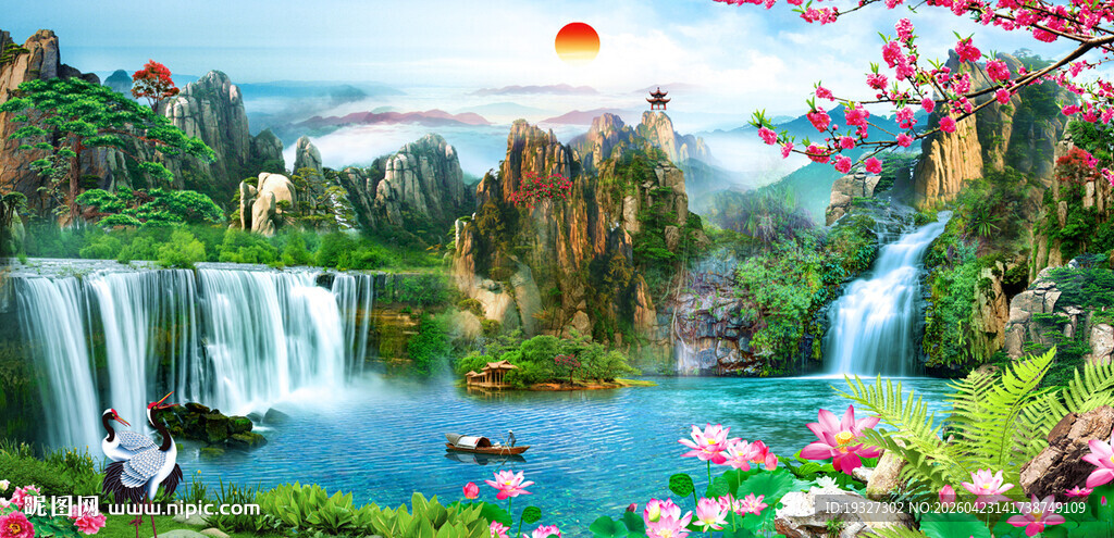 流水生财风景壁画 旭日东升挂画