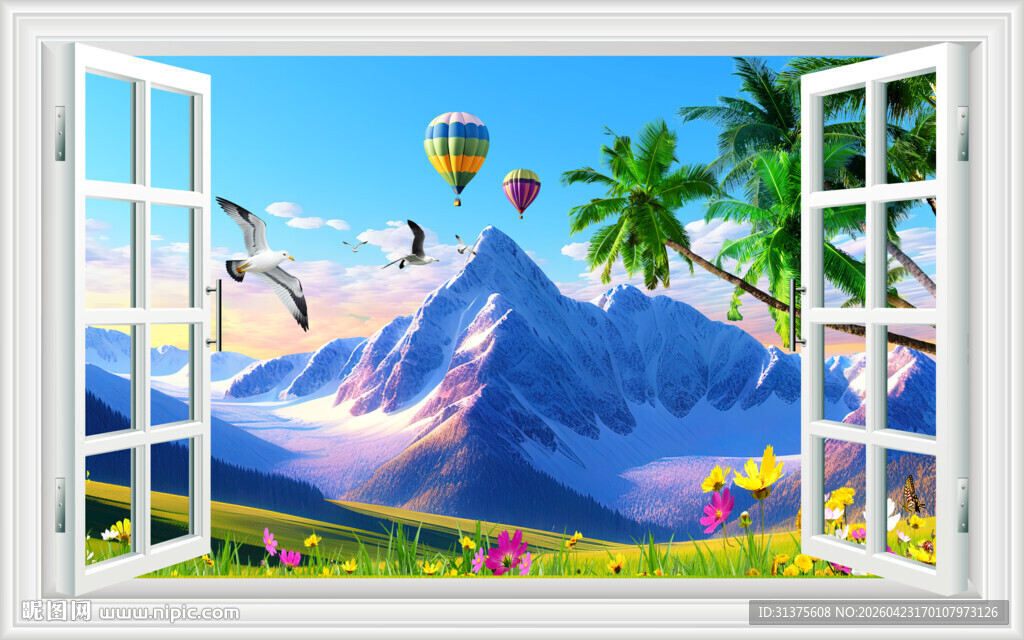 雪山下的草地 窗画