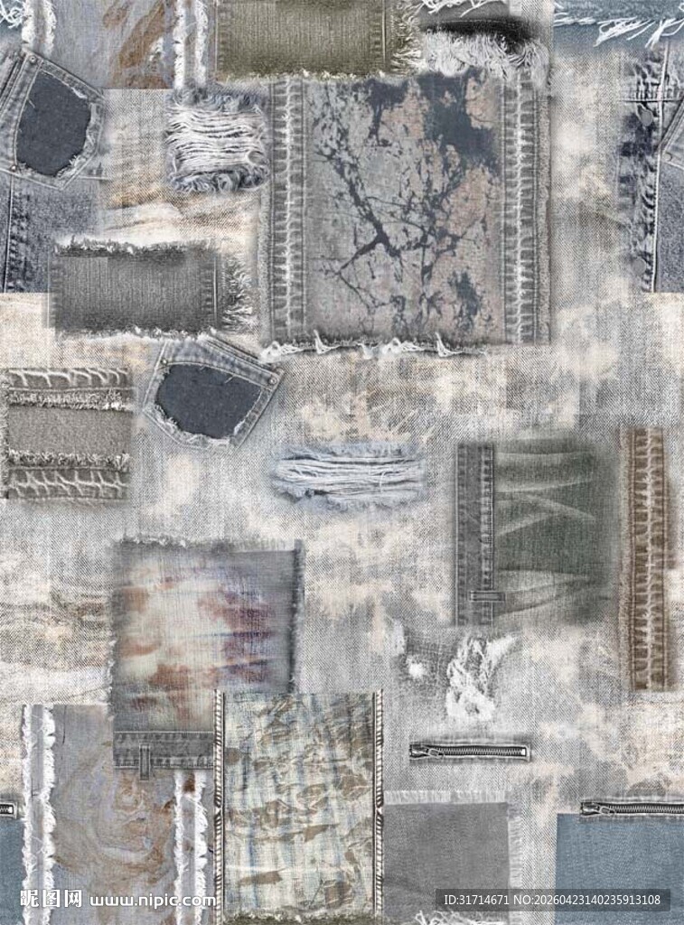 牛仔破洞底纹口袋