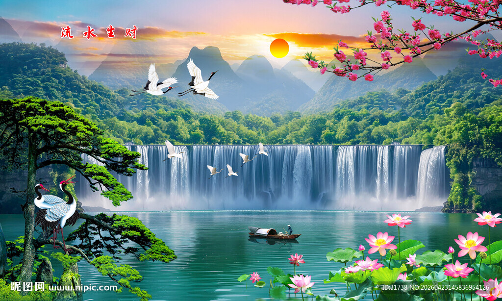 流水生财山水画