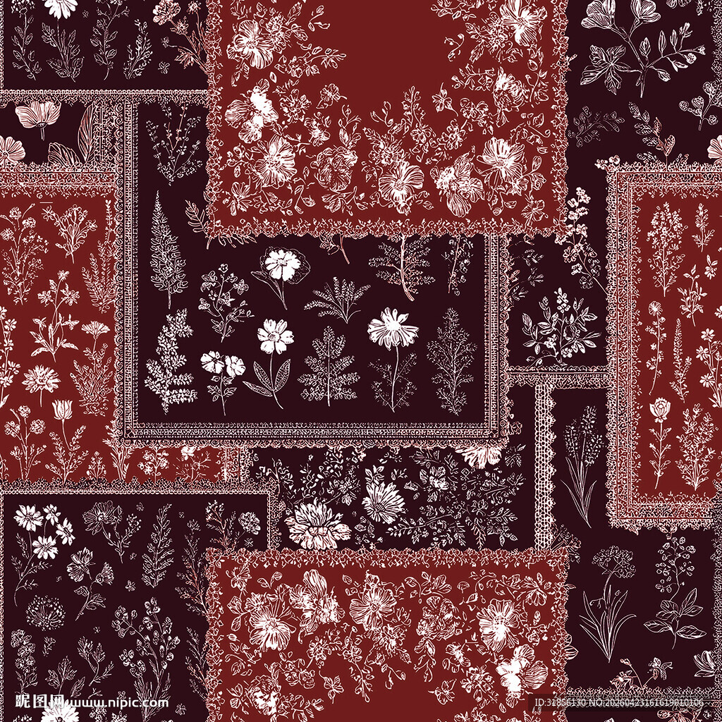 复古深红花卉几何图案布料