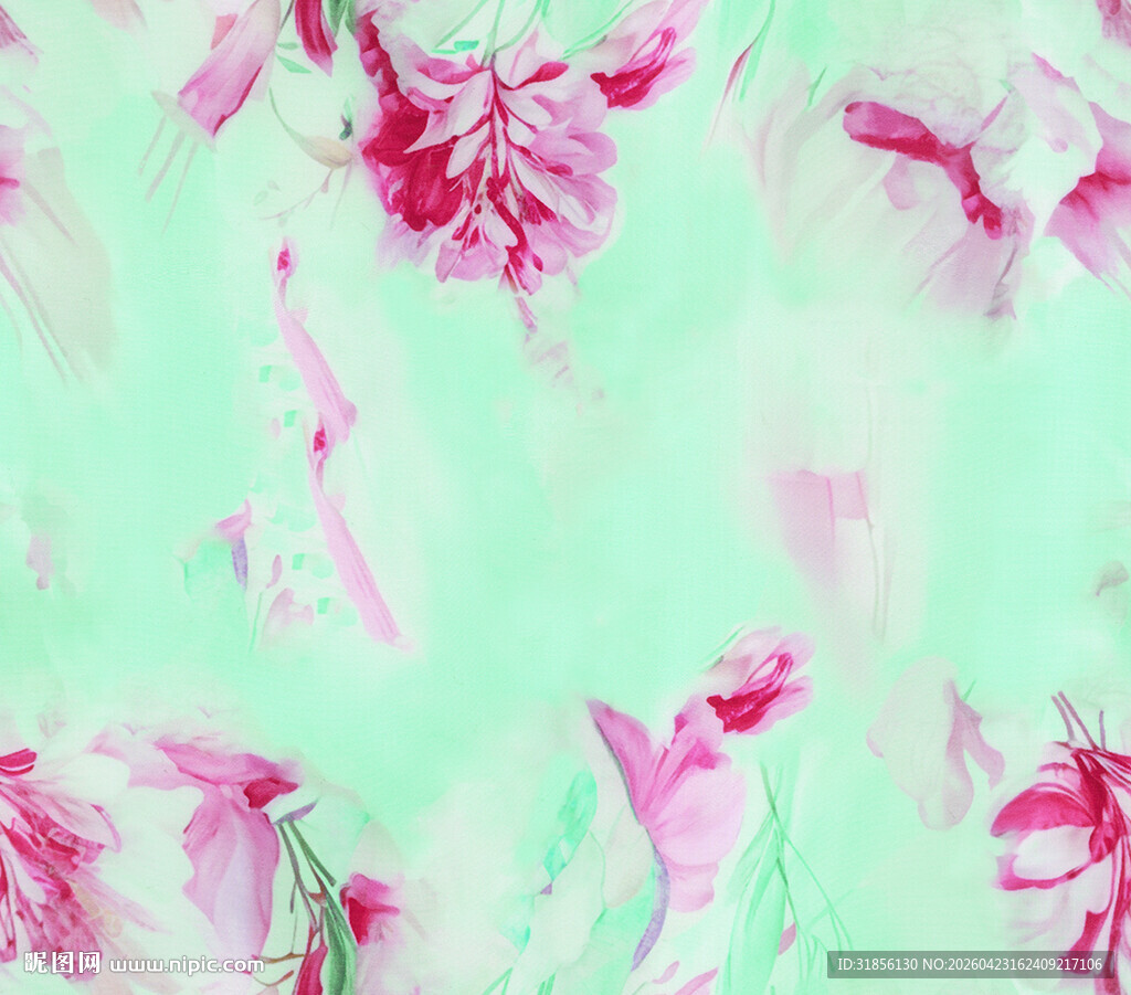 淡绿底粉色花卉抽象图案