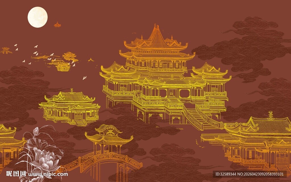 古风月夜下的楼阁景观