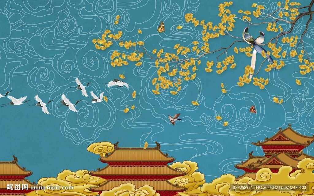 古风中式宫殿飞鸟风景图