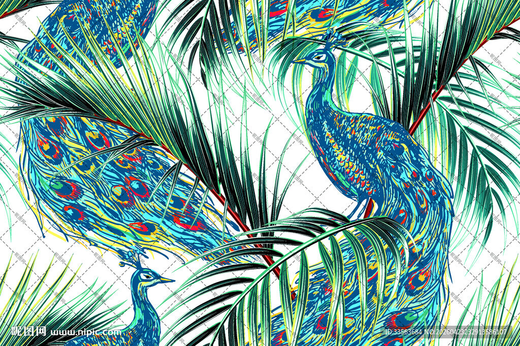 孔雀与热带植物图案
