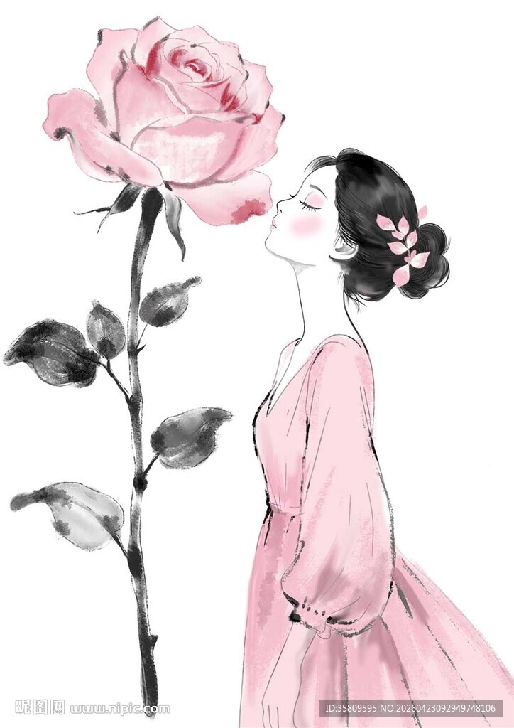 粉裙女子轻嗅娇艳玫瑰