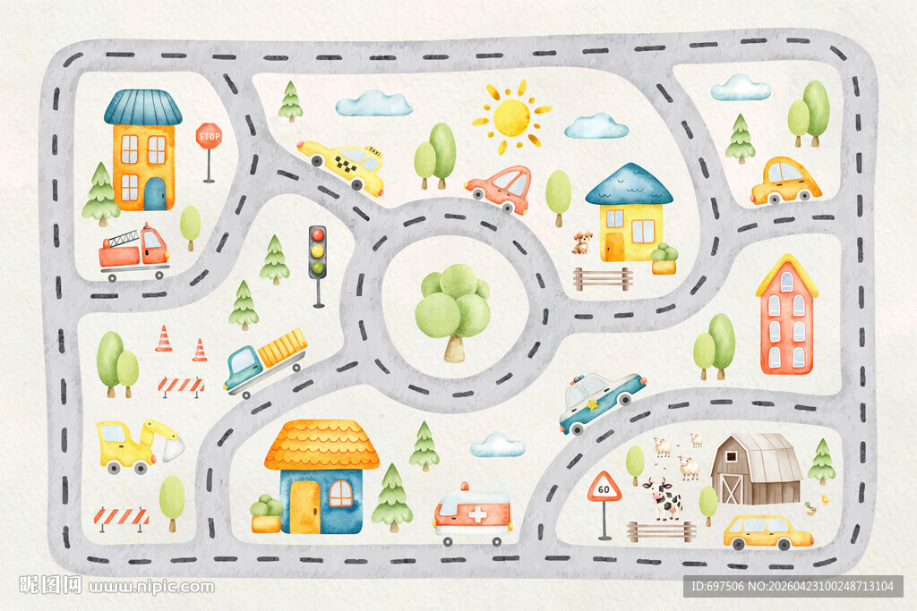 卡通城市道路小汽车房子儿童背景