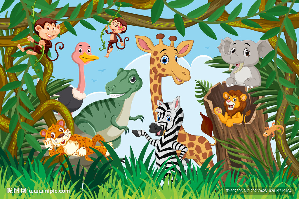 可爱动物世界卡通丛林儿童背景墙