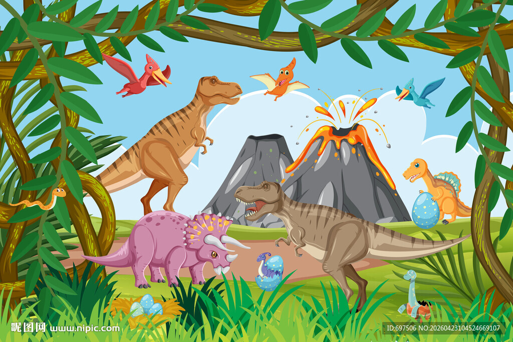 卡通森林火山恐龙世界儿童背景墙