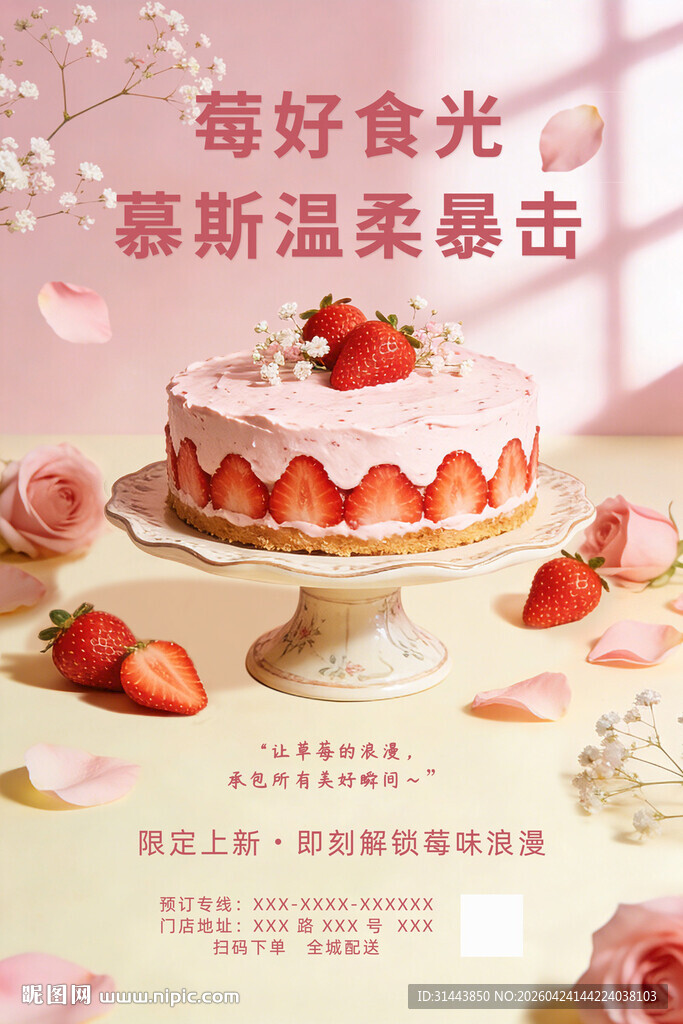 草莓慕斯蛋糕甜品海报