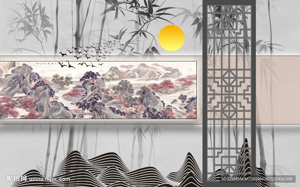 中式山水屏风装饰画