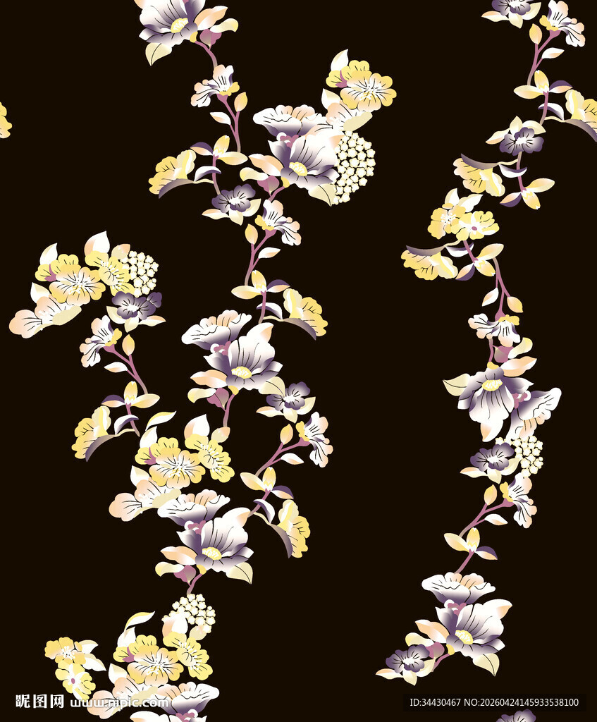 花卉图案黑色背景织物纹理