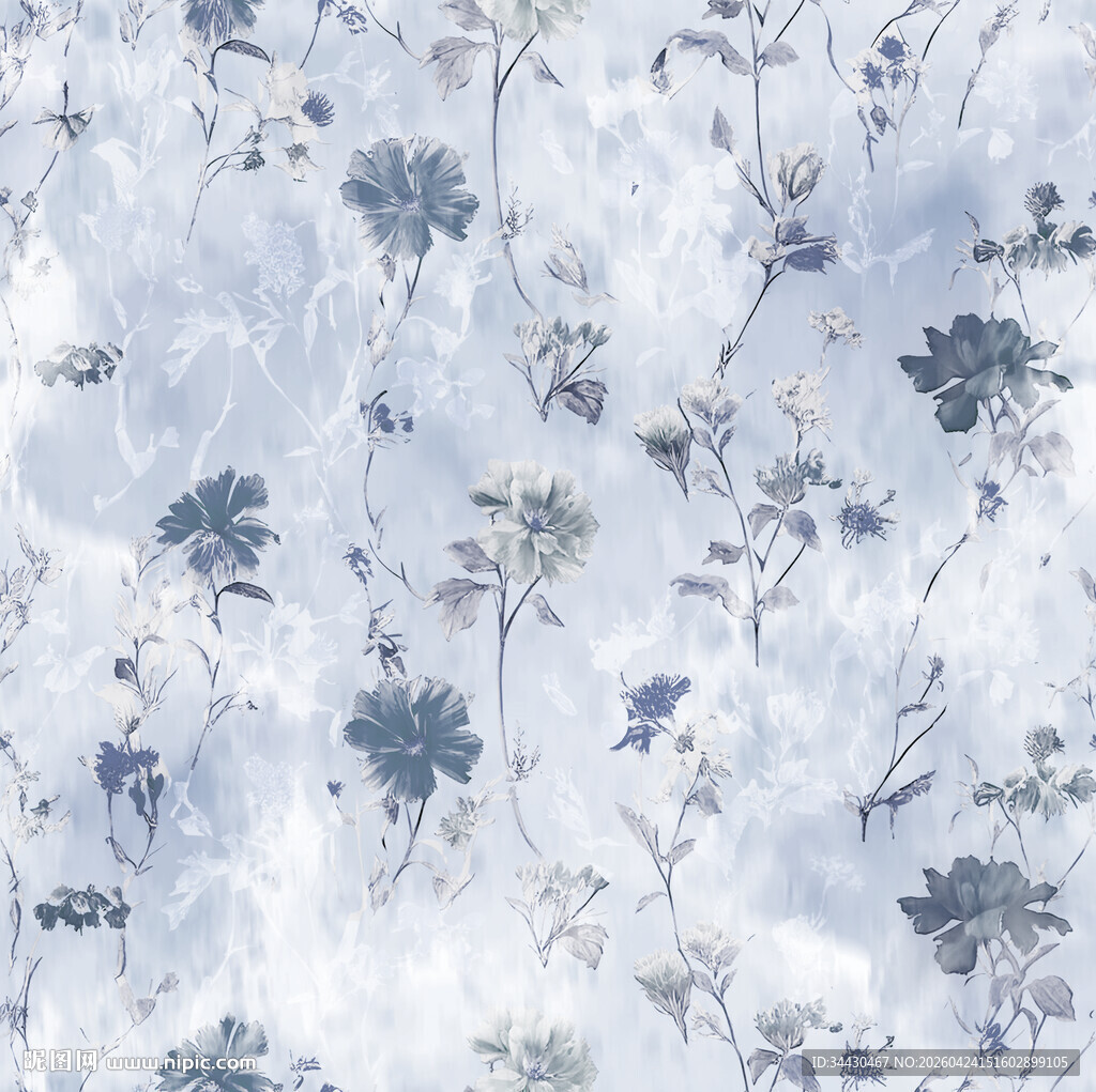 蓝白花卉图案布料纹理