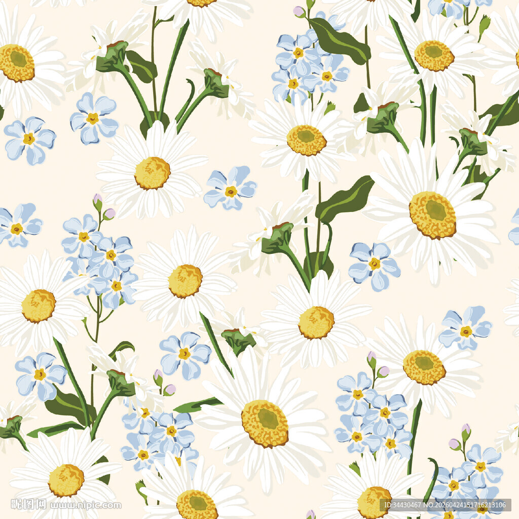 小雏菊花卉无缝背景图案