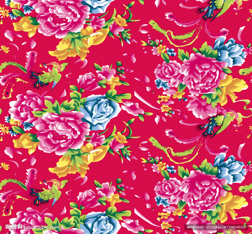 红色花卉图案布料